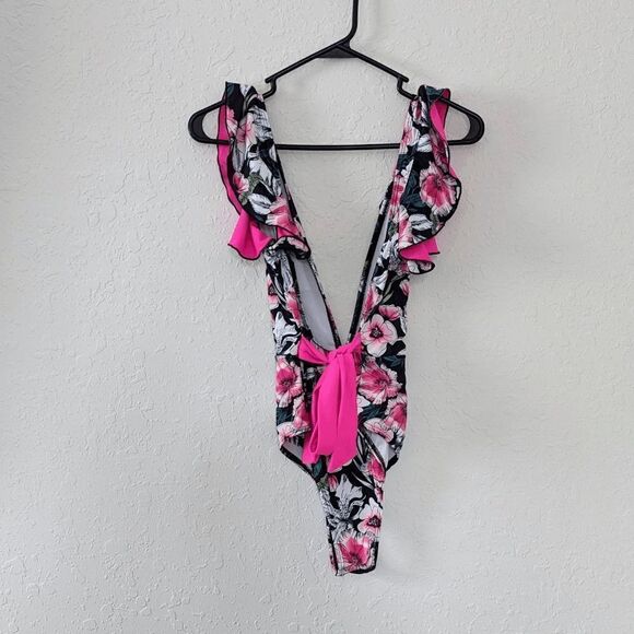 Women's SheIn One Piece Bathing Suit Monokini Ruffle Deep Plunge Small Tropical - Picture 8 of 9